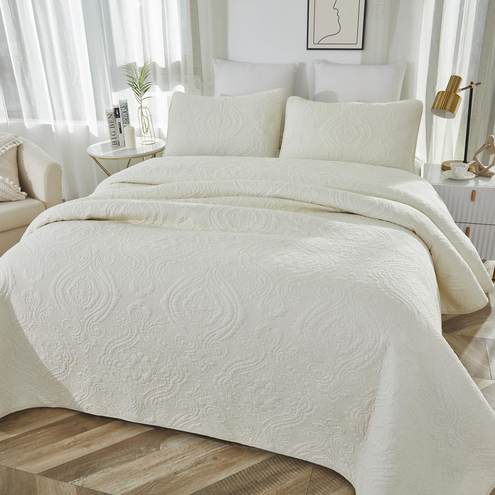 Brandream Queen Size Quilt Set Cotton Cream White Quilt Luxury Quilted Comforter Sets Damask Matelasse Coverlet Set 3-Piece